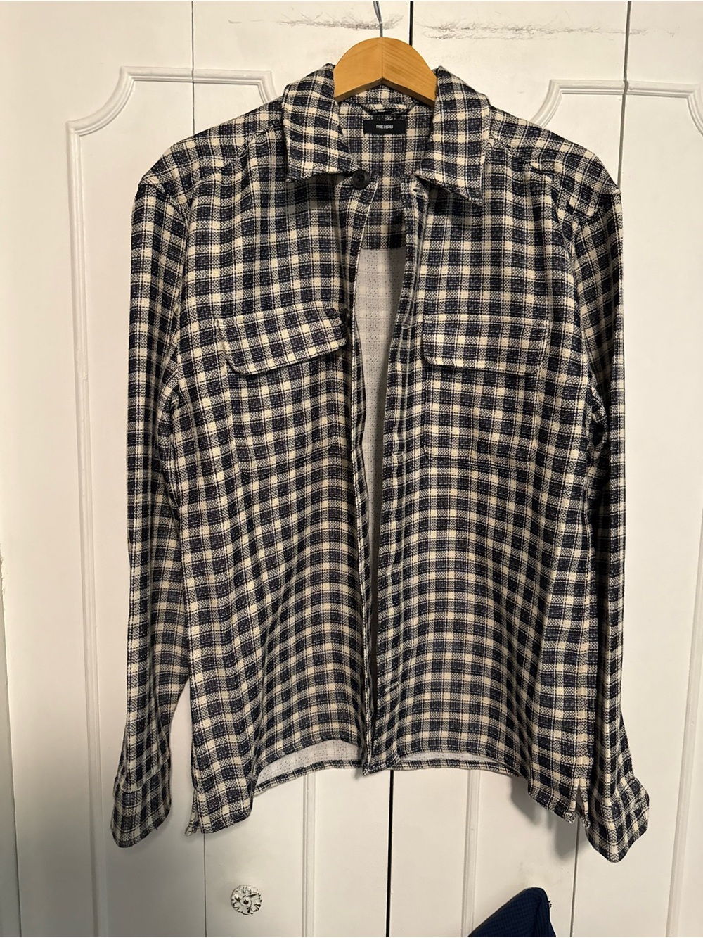 Reiss Navy & Cream Plaid Button-Down Shirt Jacket